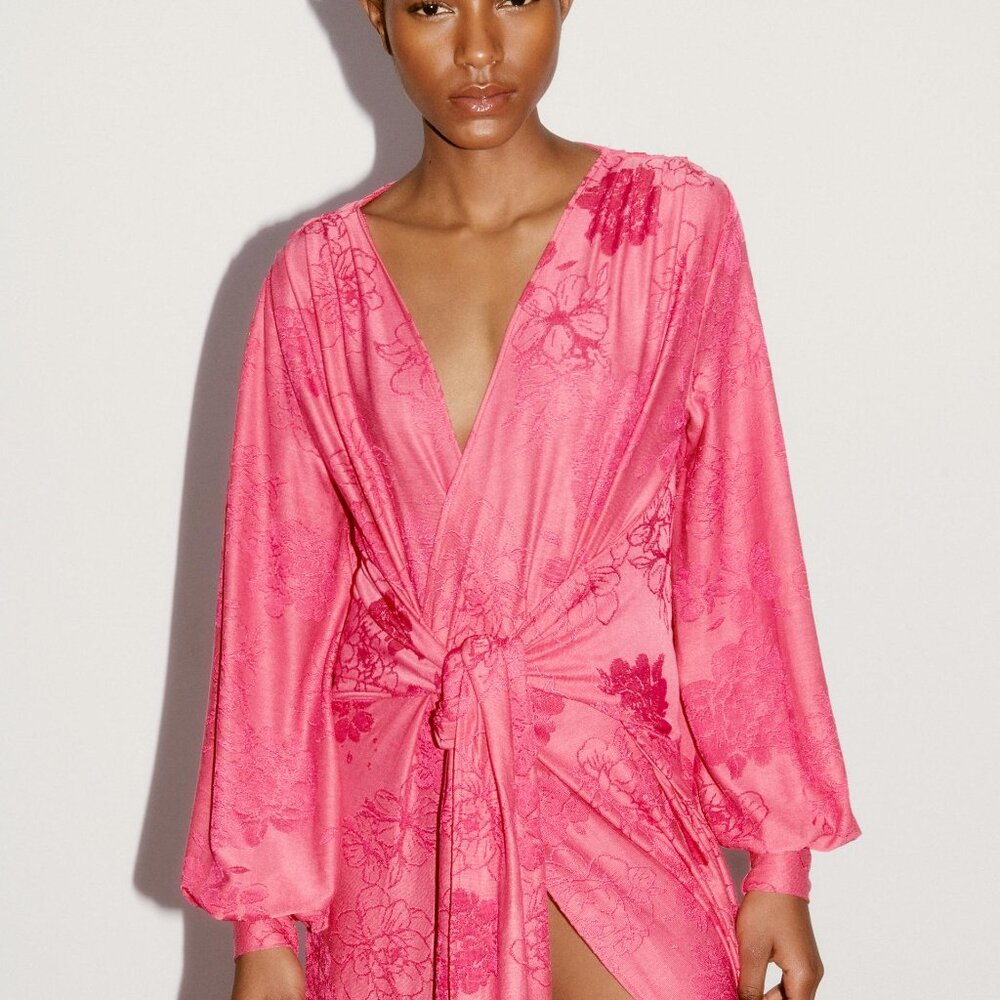 Zara Pink Jacquard Wrap Long Dress Size Small NWT